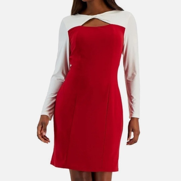 KASPER KNOT NECK COLOR BLOCK SHEATH LINED DRESS RED & CREAM SIZE MEDIUM NEW - Picture 1 of 3